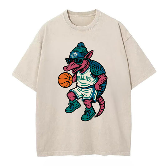 Dallas Armadillo wearing Mavericks beanie with cowboy hat patch and wayfarer - Vintage T-shirt - Off White