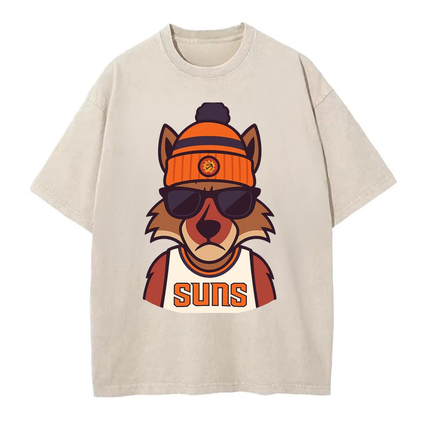 Arizona Coyote wearing Suns beanie with desert sun patch and wayfarer sunglasses - Vintage T-shirt - Off White