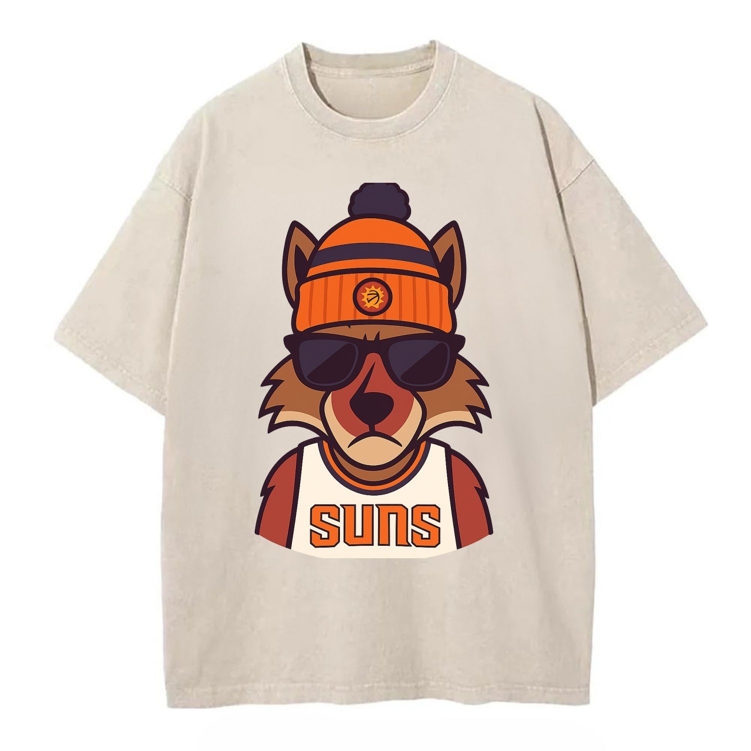 Arizona Coyote wearing Suns beanie with desert sun patch and wayfarer sunglasses - Vintage T-shirt - Off White