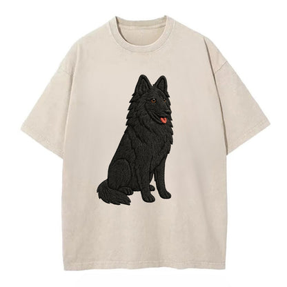 Belgian Sheepdog - Black long-haired embroidered pose - Vintage T-shirt - Off White