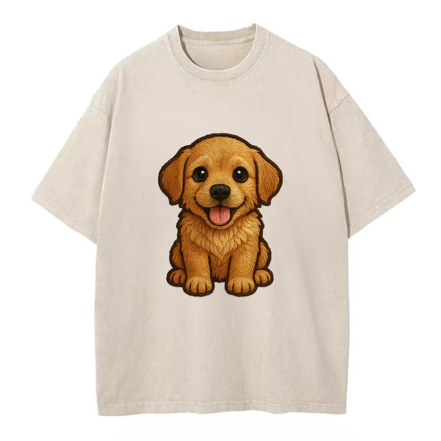 Baby Golden Retriever Puppy - fluffy golden fur, big brown eyes, pink tongue, - Vintage T-shirt - Off White