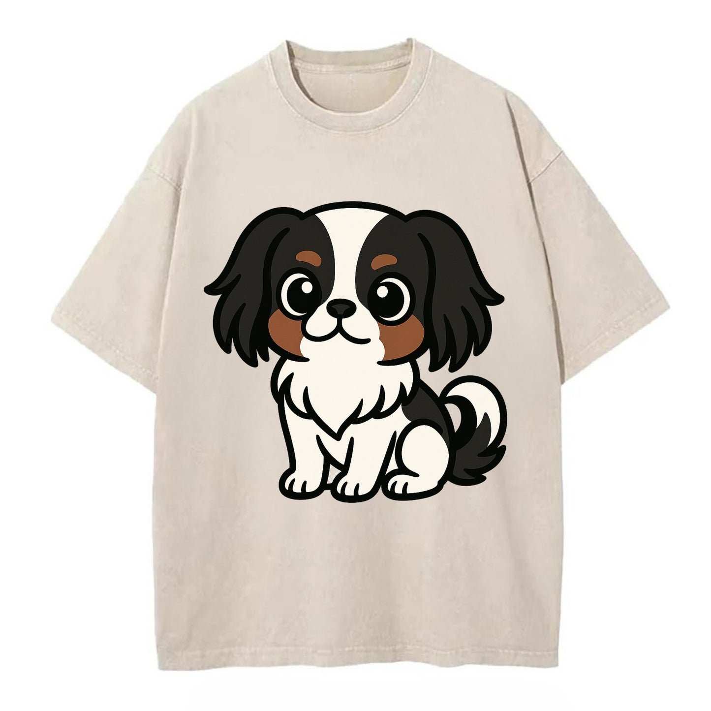 Japanese Chin - Black and white sitting pose - Vintage T-shirt - Off White