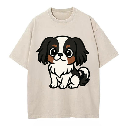 Japanese Chin - Black and white sitting pose - Vintage T-shirt - Off White