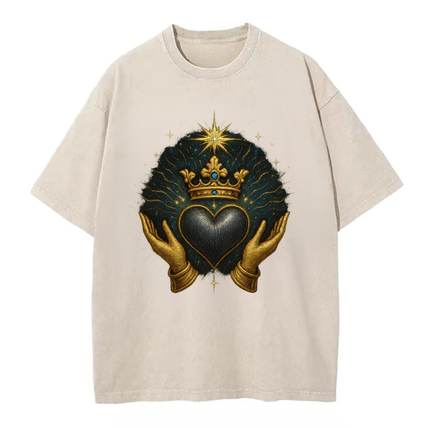 Pearl-studded tiara atop a satin-gunmetal heart supported by elegant opera-glove - Vintage T-shirt - Off White