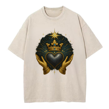 Pearl-studded tiara atop a satin-gunmetal heart supported by elegant opera-glove - Vintage T-shirt - Off White