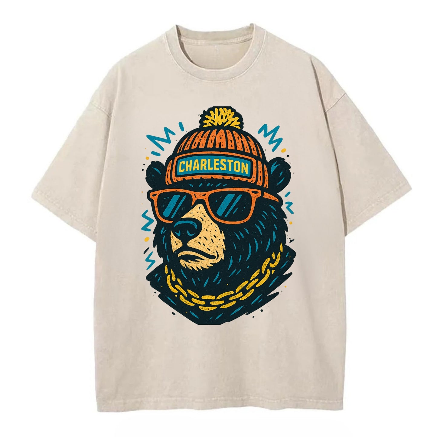 West Virginia Black Bear wearing Charleston beanie with pom pom and wayfarer - Vintage T-shirt - Off White