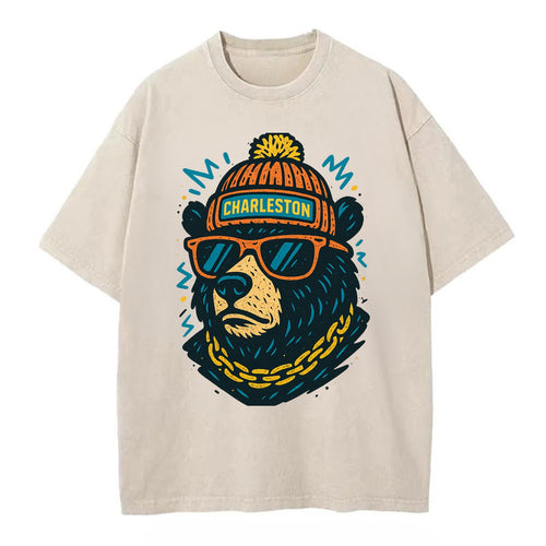 West Virginia Black Bear wearing Charleston beanie with pom pom and wayfarer - Vintage T-shirt