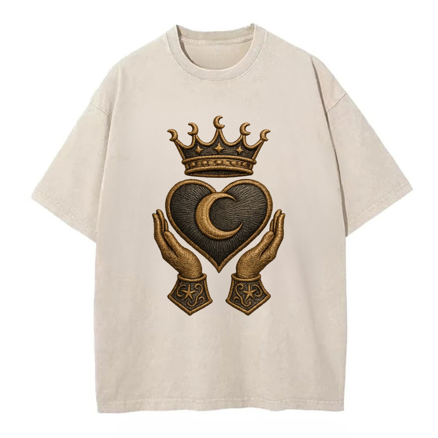 Moonlit crescent crown cradling a hematite heart with stargazer hands cupped - Vintage T-shirt - Off White