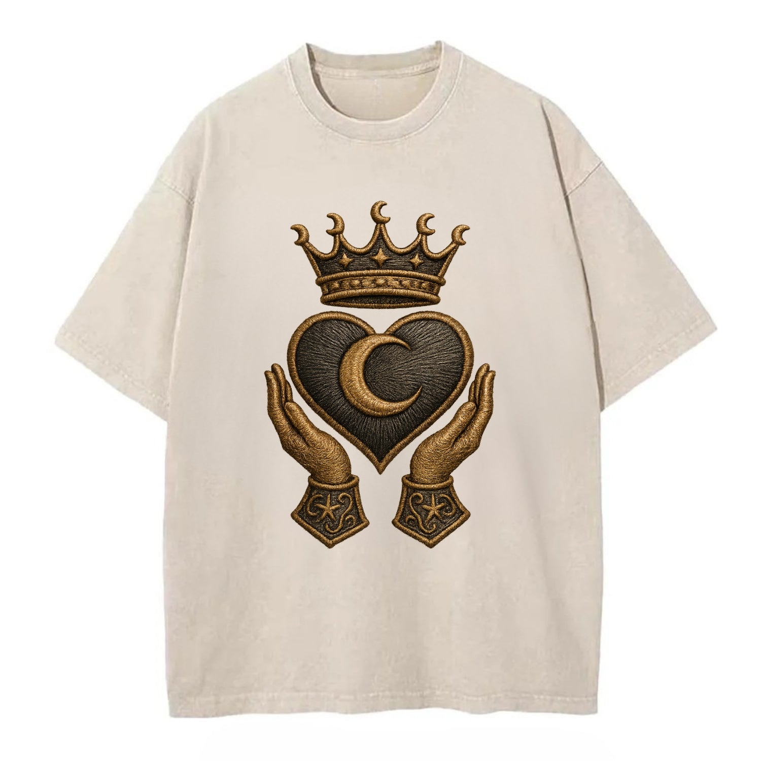 Moonlit crescent crown cradling a hematite heart with stargazer hands cupped - Vintage T-shirt - Off White