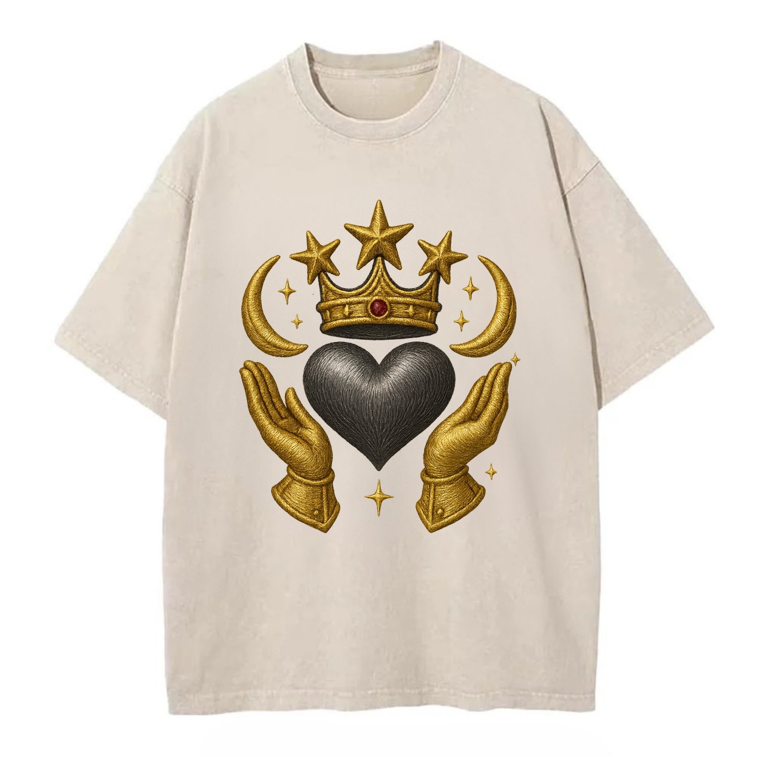 Sun goddess crown radiating golden rays over a midnight heart with henna-adorned - Vintage T-shirt - Off White