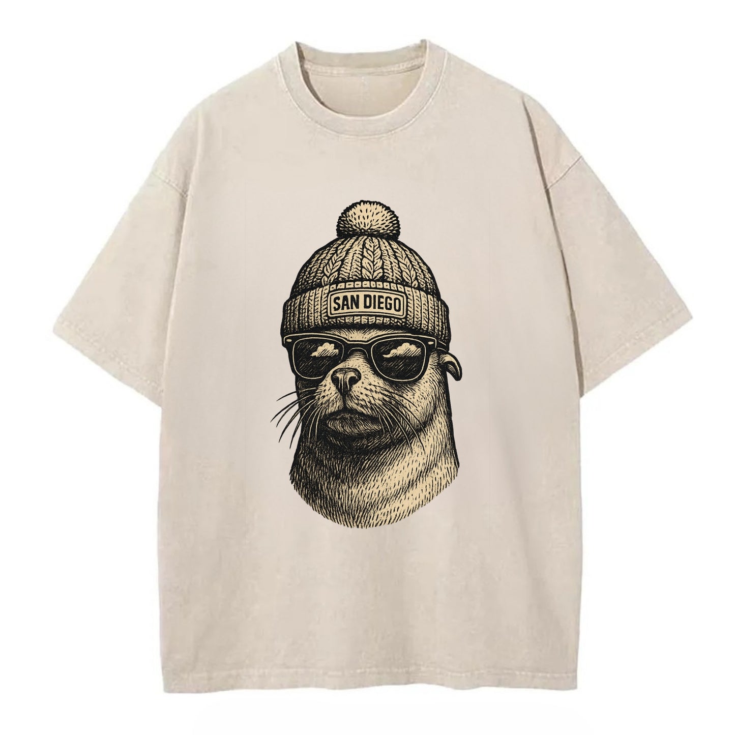 San Diego Sea Lion wearing San Diego beanie with pom pom and wayfarer sunglasses - Vintage T-shirt - Off White
