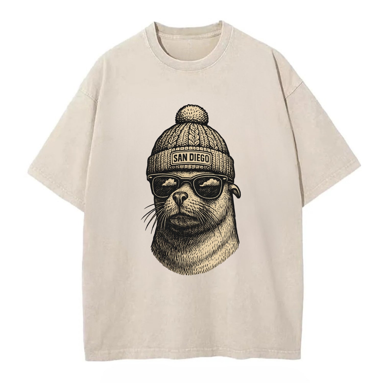 San Diego Sea Lion wearing San Diego beanie with pom pom and wayfarer sunglasses - Vintage T-shirt - Off White