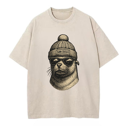 San Diego Sea Lion wearing San Diego beanie with pom pom and wayfarer sunglasses - Vintage T-shirt - Off White