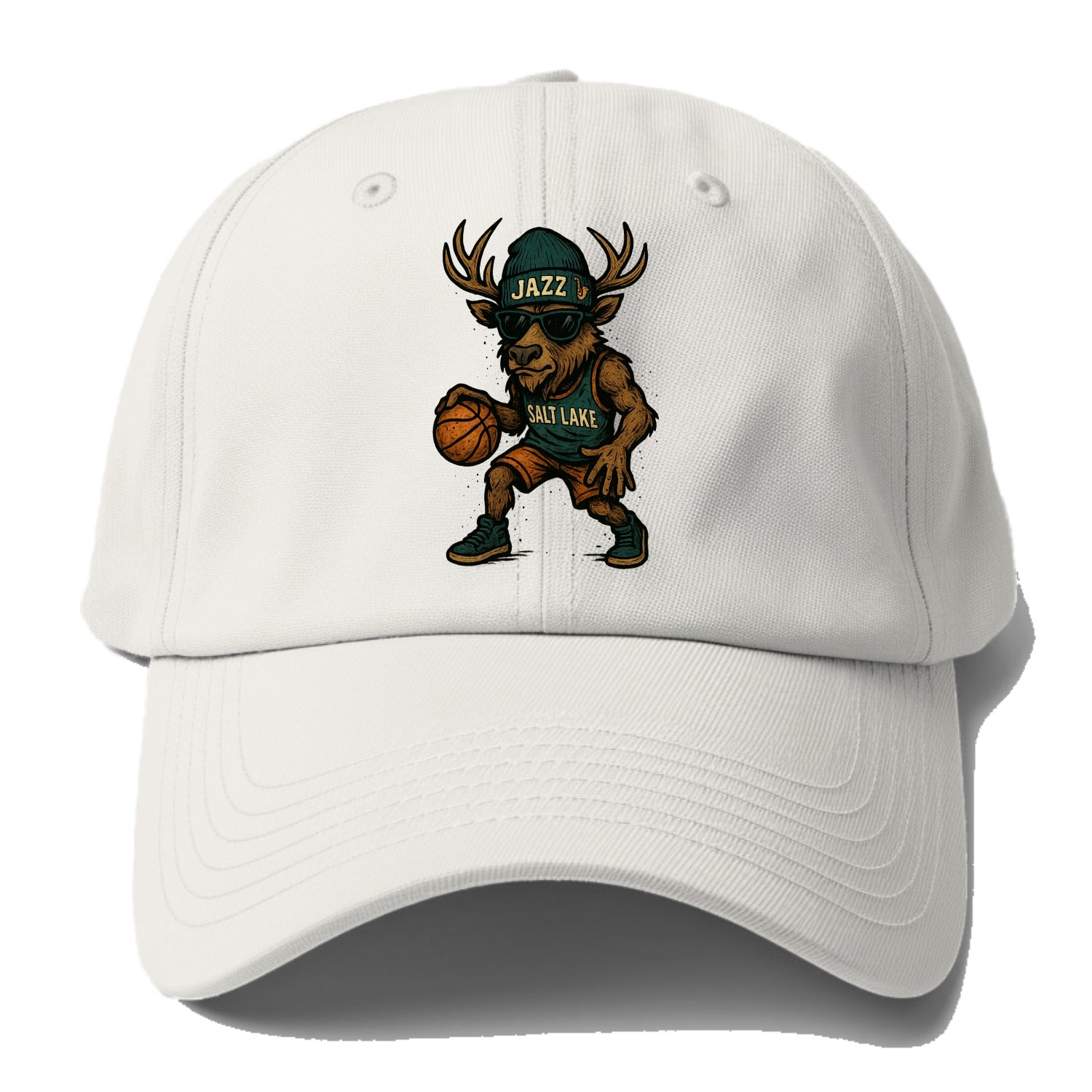 Salt Lake Elk wearing Jazz beanie with saxophone patch and wayfarer sunglasses - Baseball Cap - Off White
