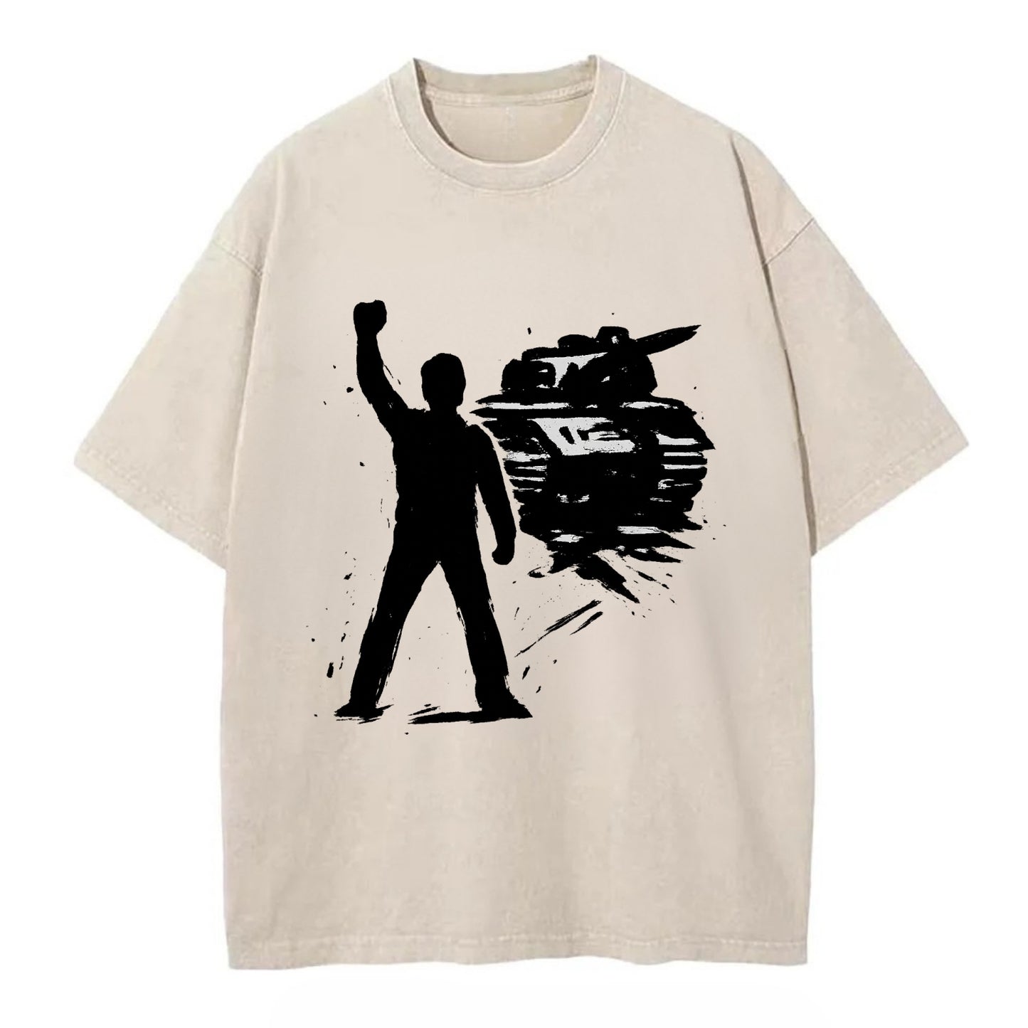 Single figure standing against tank - courage and resistance ink art - Vintage T-shirt - Off White