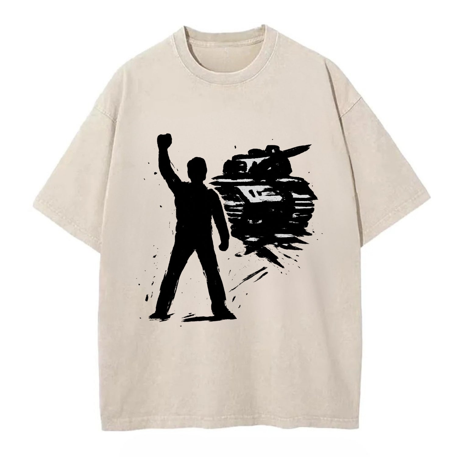 Single figure standing against tank - courage and resistance ink art - Vintage T-shirt - Off White