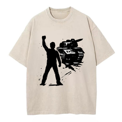 Single figure standing against tank - courage and resistance ink art - Vintage T-shirt - Off White