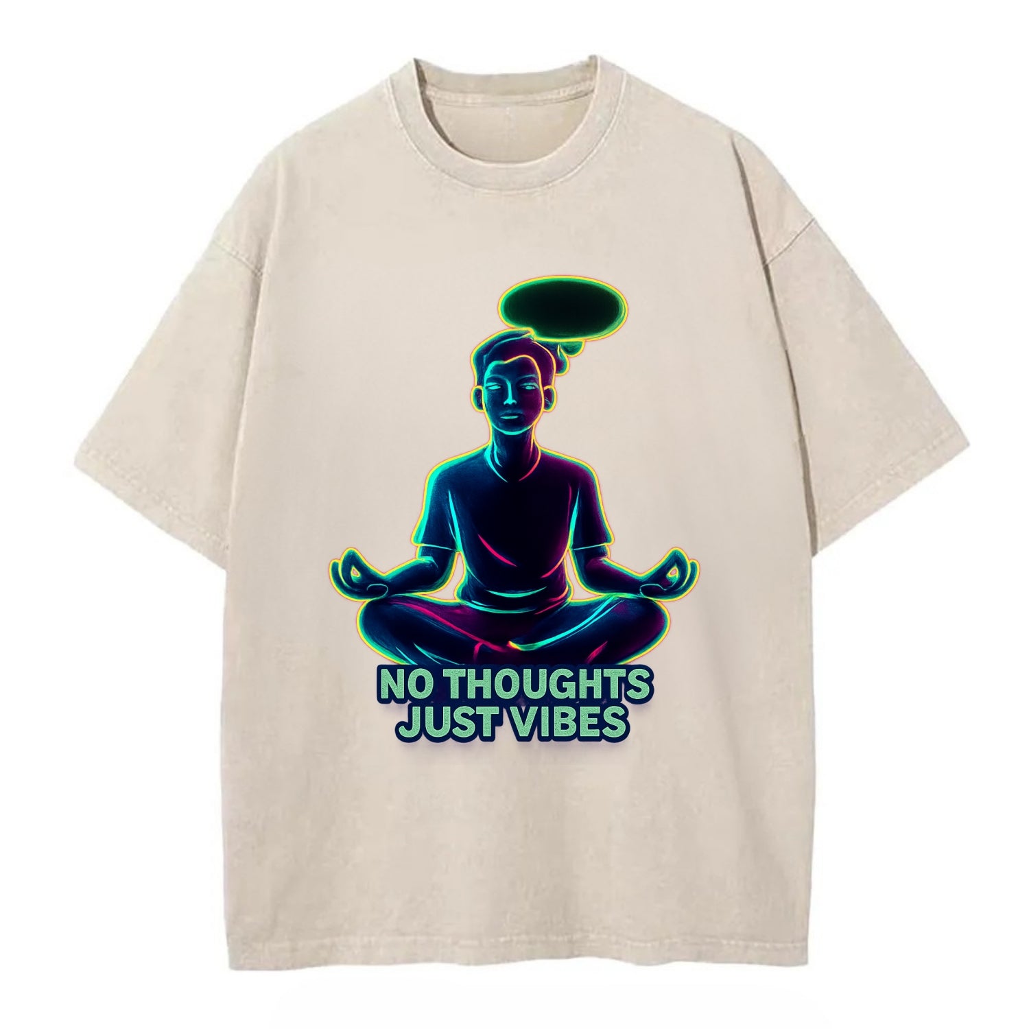 Peaceful floating figure with empty thought bubble - "no thoughts just vibes" zen - Vintage T-shirt - Off White