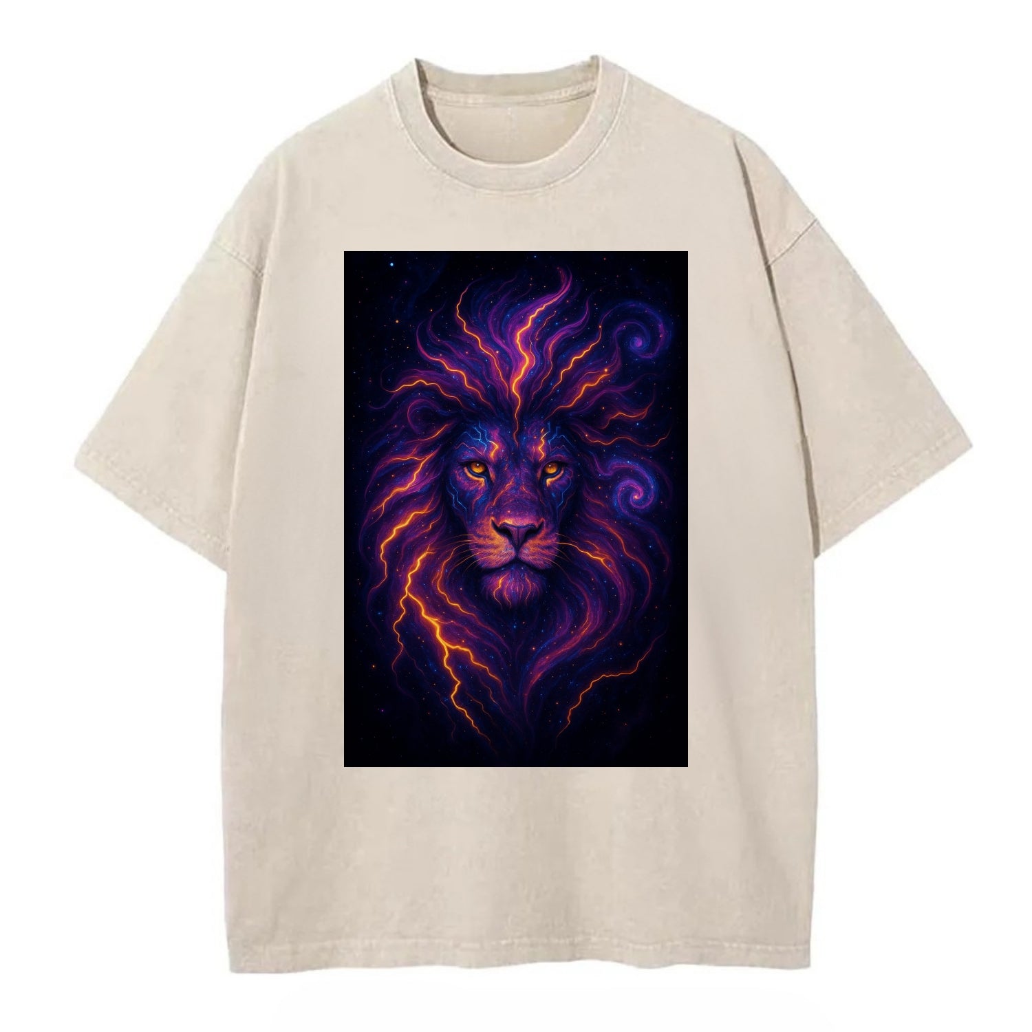 Regal lion with mane made of electric currents, neon yellow and hot pink energy - Vintage T-shirt - Off White