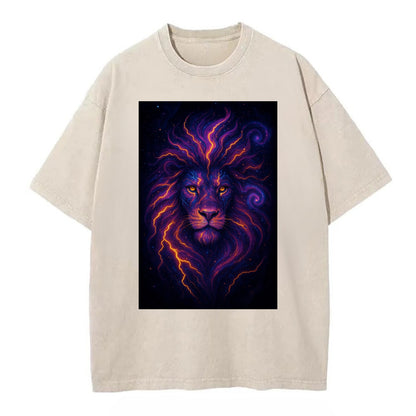 Regal lion with mane made of electric currents, neon yellow and hot pink energy - Vintage T-shirt - Off White