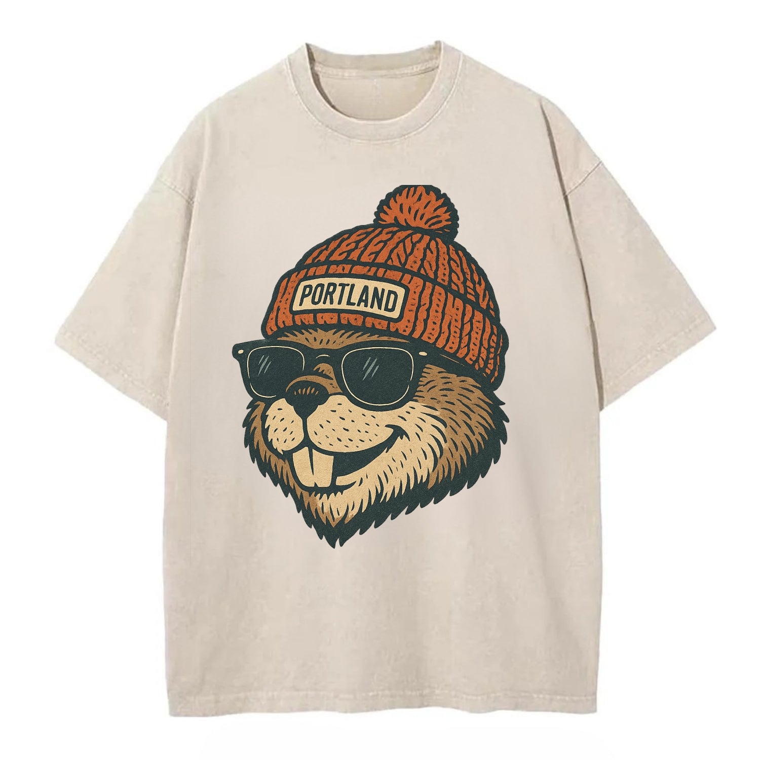 Oregon Beaver wearing Portland beanie with pom pom and wayfarer sunglasses - Vintage T-shirt - Off White