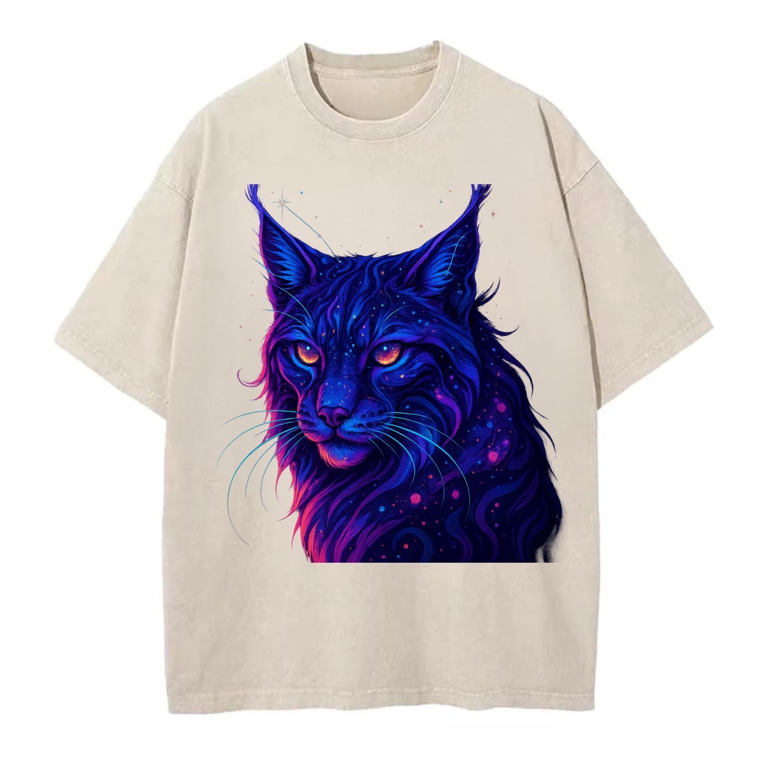 Stealthy lynx with ear tufts forming constellation patterns, nebula spots across - Vintage T-shirt - Off White