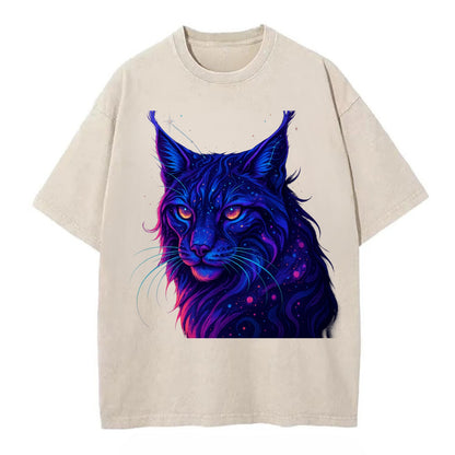 Stealthy lynx with ear tufts forming constellation patterns, nebula spots across - Vintage T-shirt - Off White