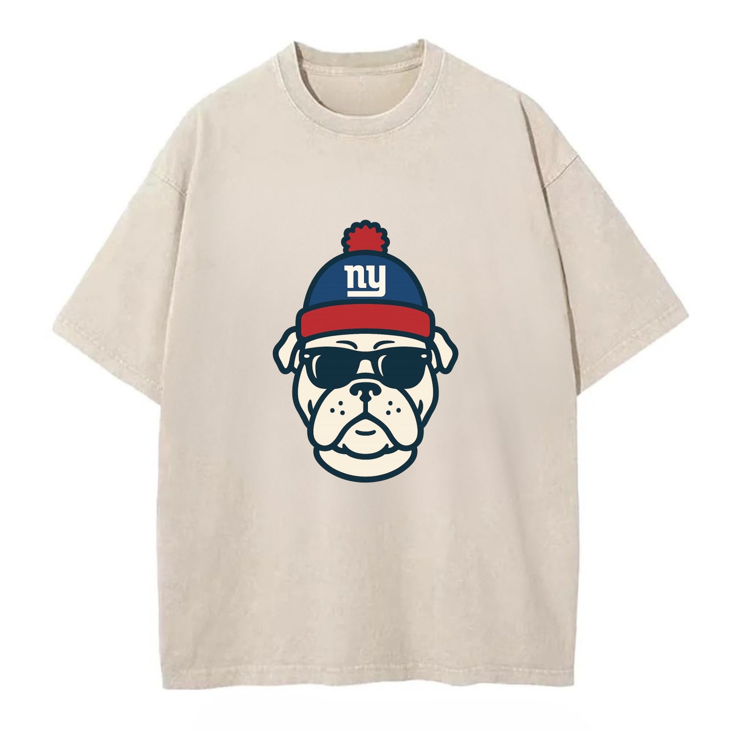 New York Bulldog wearing Giants blue and red beanie with pom pom and wayfarer - Vintage T-shirt - Off White