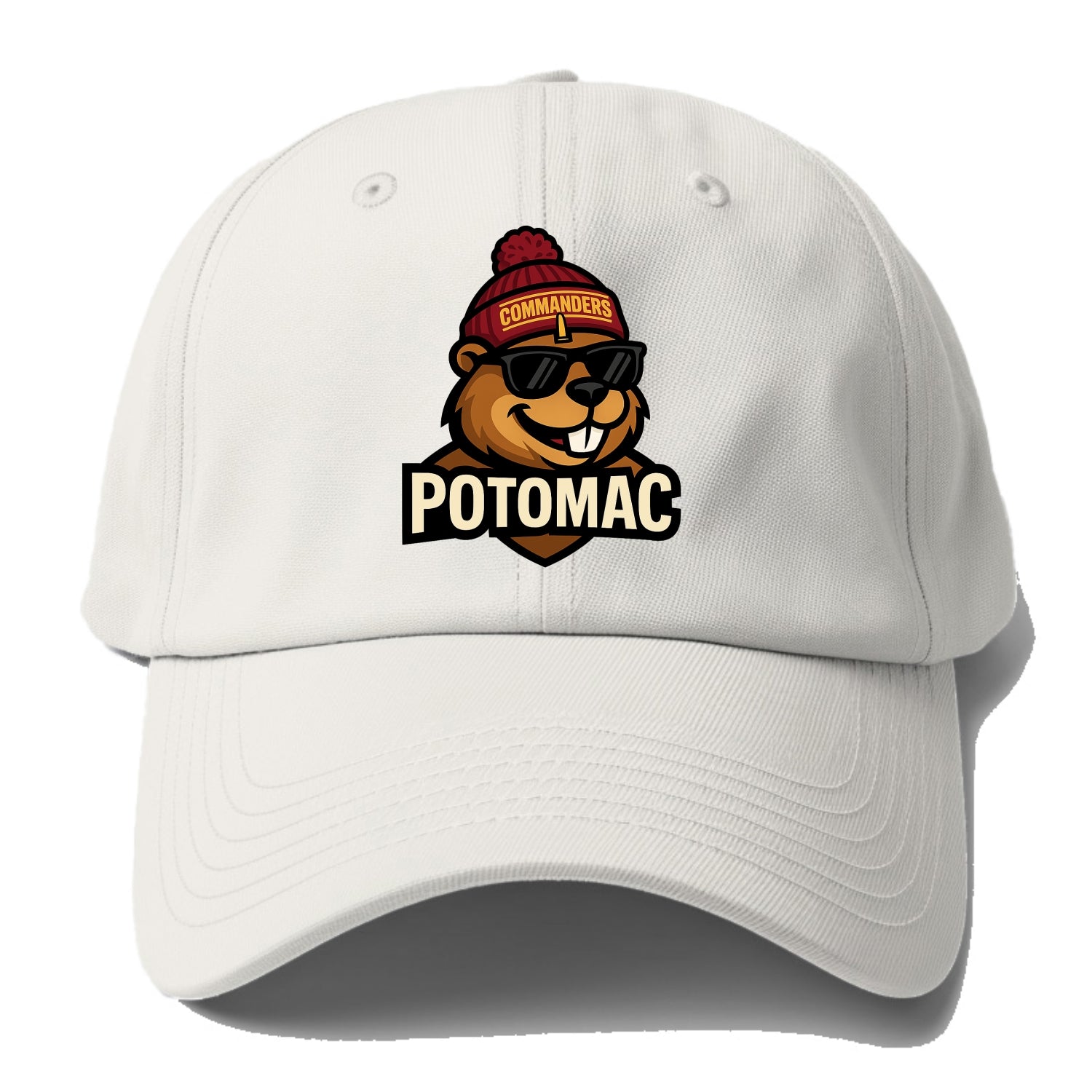 Potomac Beaver wearing Commanders beanie with monument patch and - Baseball Cap For Big Heads - Off White