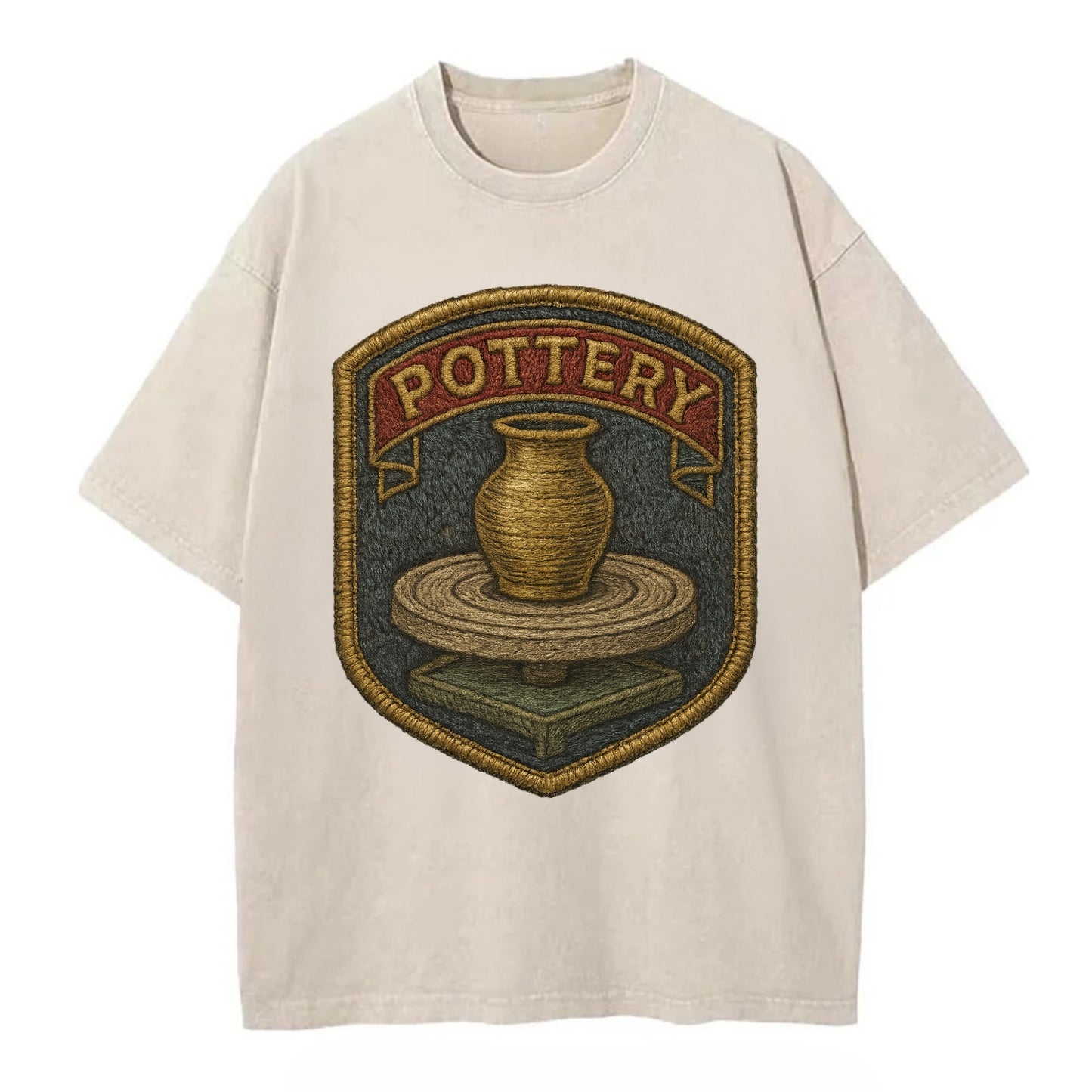 Pottery wheel with clay vessel - ceramicist symbol - Vintage T-shirt - Off White