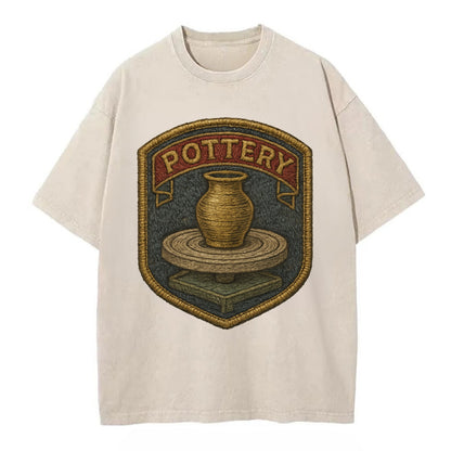 Pottery wheel with clay vessel - ceramicist symbol - Vintage T-shirt - Off White