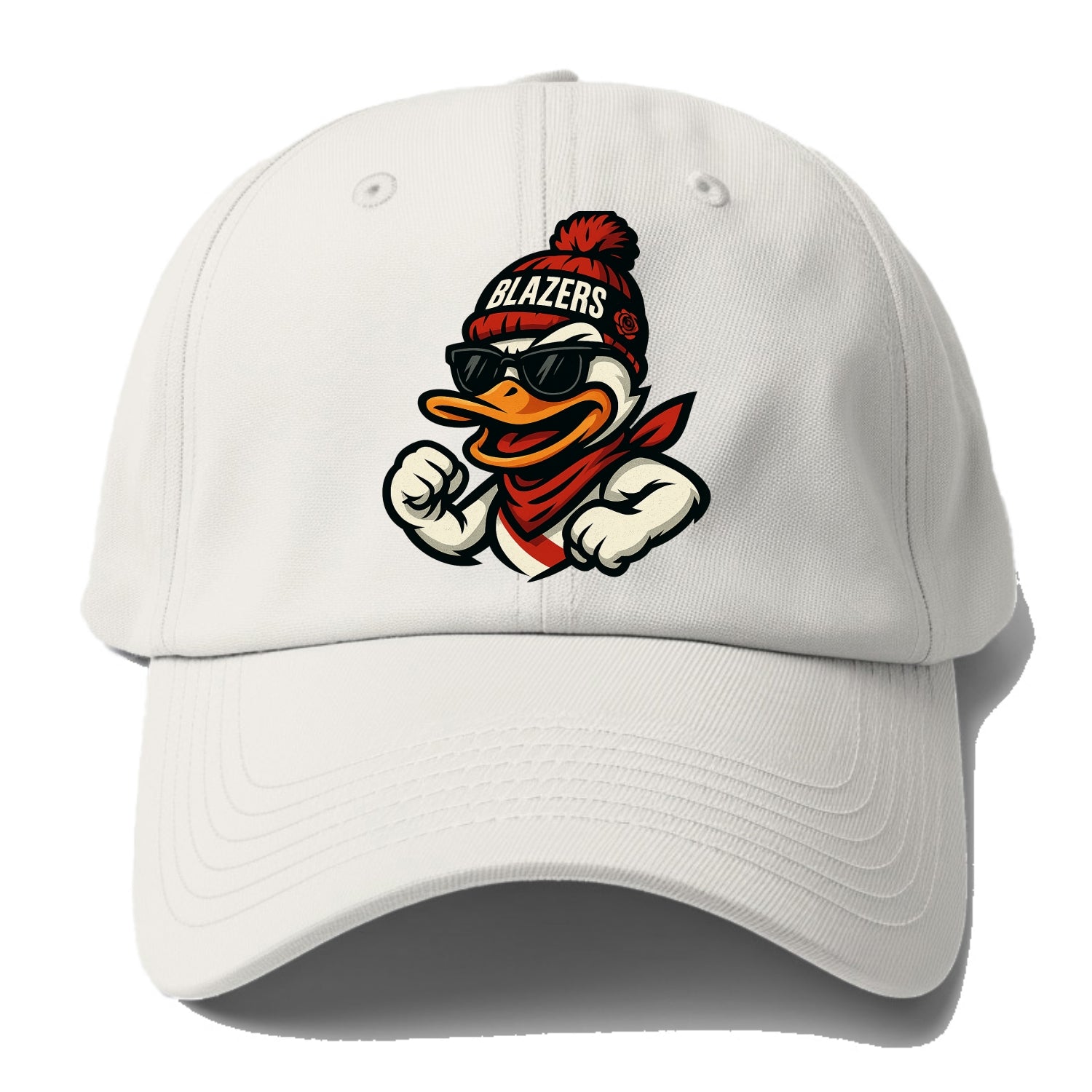 Oregon Duck wearing Trail Blazers beanie with rose patch and wayfarer - Baseball Cap For Big Heads - Off White