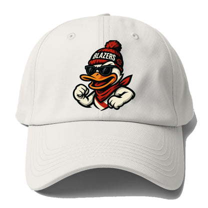 Oregon Duck wearing Trail Blazers beanie with rose patch and wayfarer - Baseball Cap For Big Heads - Off White