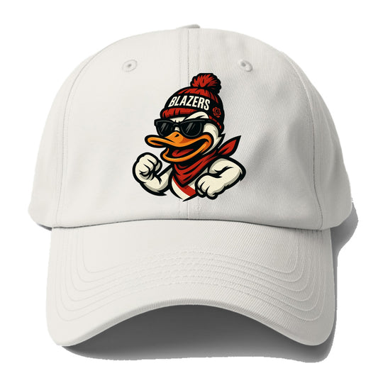 Oregon Duck wearing Trail Blazers beanie with rose patch and wayfarer - Baseball Cap For Big Heads - Off White