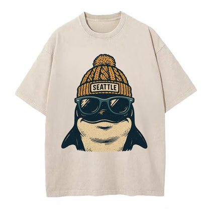 Seattle Orca wearing Seattle beanie with pom pom and wayfarer sunglasses - Vintage T-shirt - Off White