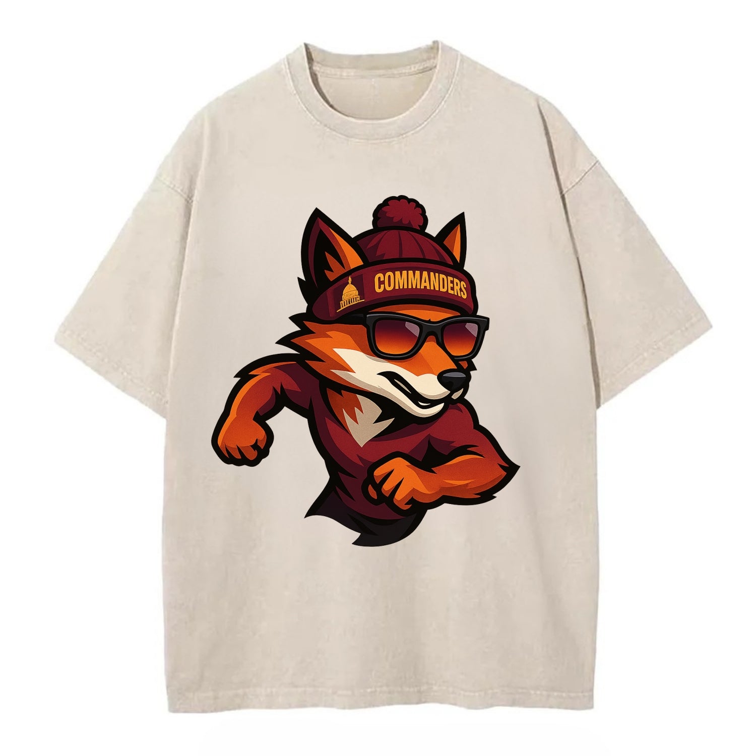 Washington Fox wearing Commanders beanie with Capitol patch and wayfarer - Vintage T-shirt - Off White