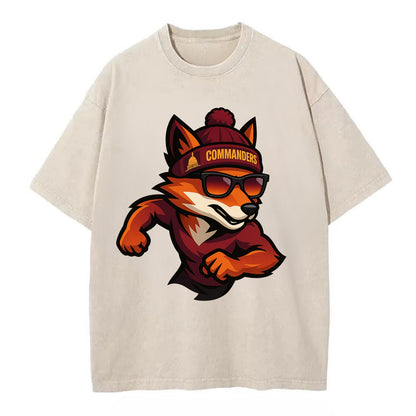 Washington Fox wearing Commanders beanie with Capitol patch and wayfarer - Vintage T-shirt - Off White