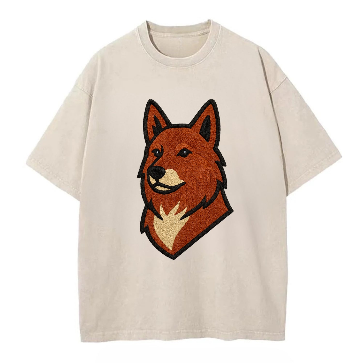 Finnish Spitz - Fox-red pointed ears embroidered pose - Vintage T-shirt - Off White