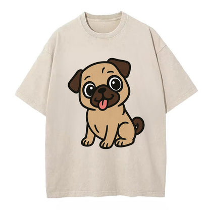 Pug - Tilted head with tongue out - Vintage T-shirt - Off White