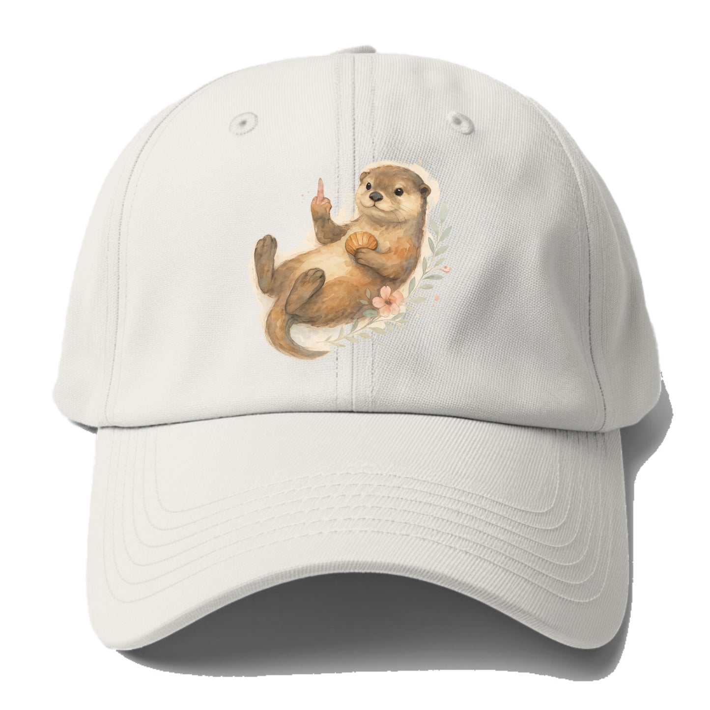 adorable otter floating on back, middle finger up while holding a shellfish - Baseball Cap - Off White