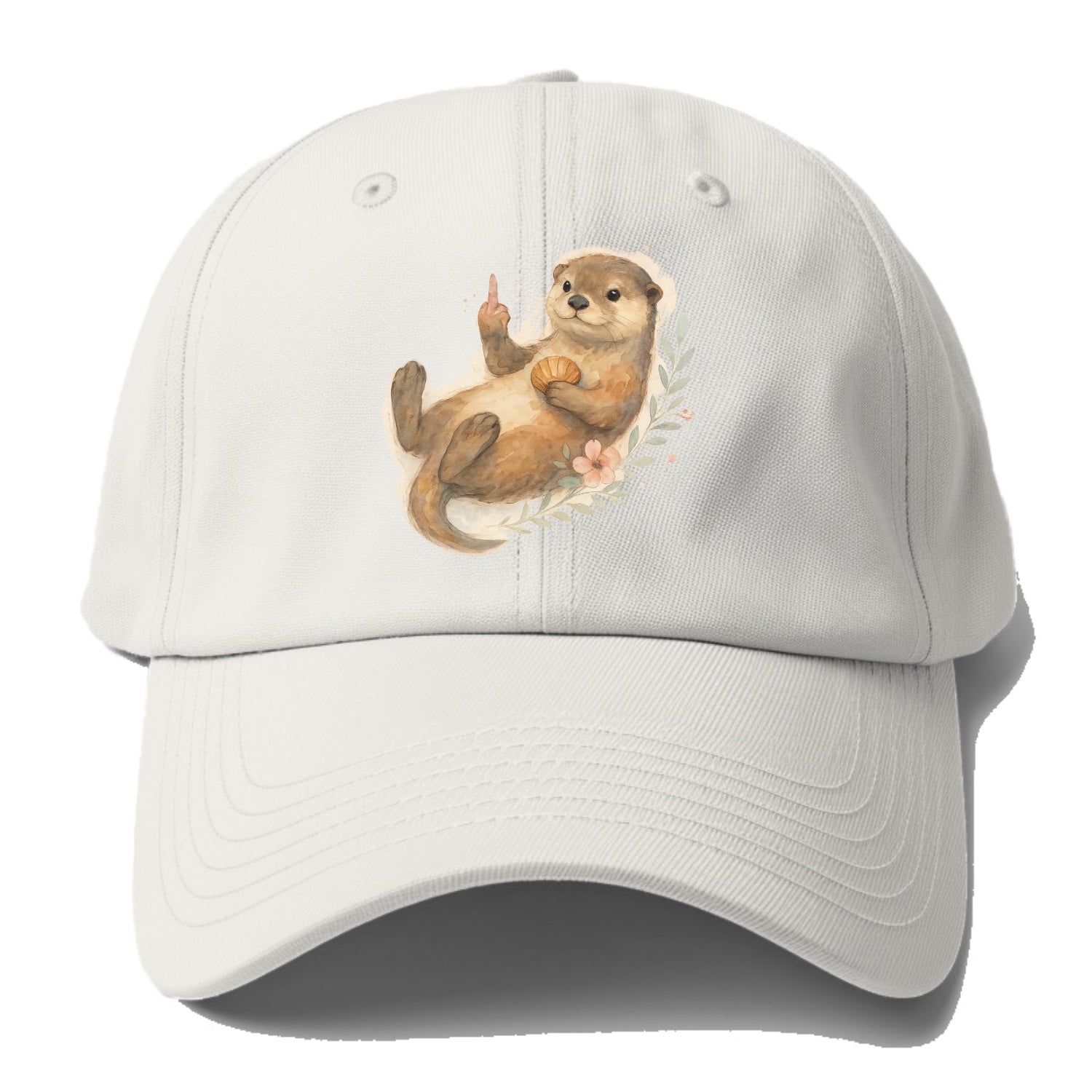 adorable otter floating on back, middle finger up while holding a shellfish - Baseball Cap - Off White