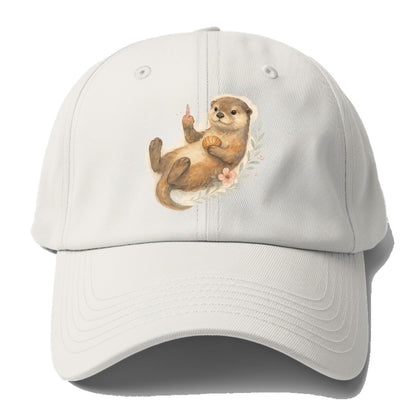 adorable otter floating on back, middle finger up while holding a shellfish - Baseball Cap - Off White