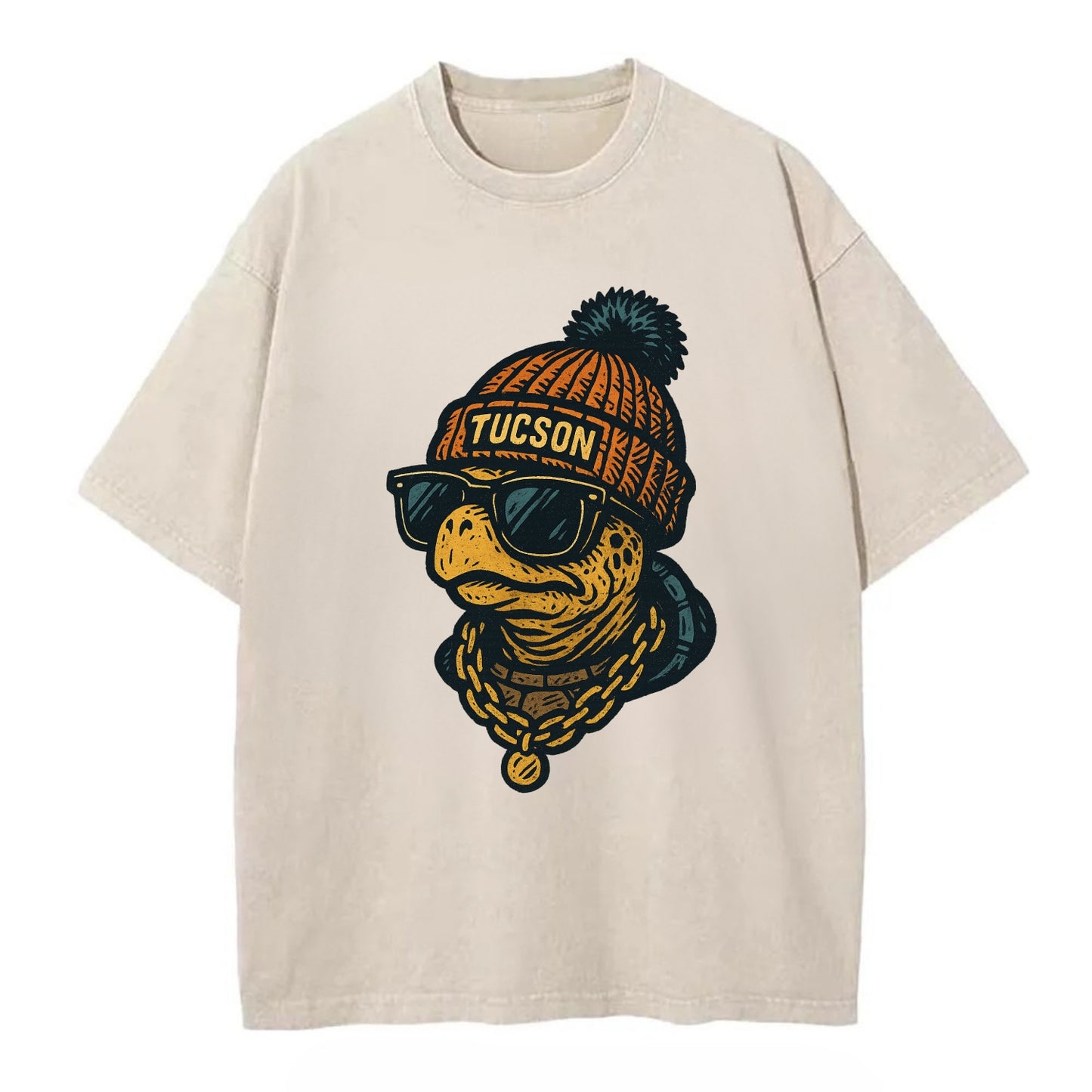 Tucson Desert Tortoise wearing Tucson beanie with pom pom and wayfarer sunglasses - Vintage T-shirt - Off White