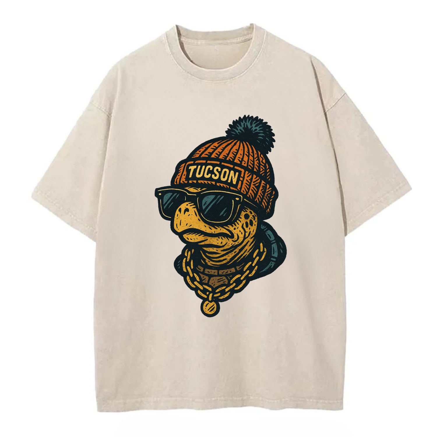 Tucson Desert Tortoise wearing Tucson beanie with pom pom and wayfarer sunglasses - Vintage T-shirt - Off White