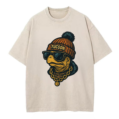 Tucson Desert Tortoise wearing Tucson beanie with pom pom and wayfarer sunglasses - Vintage T-shirt - Off White