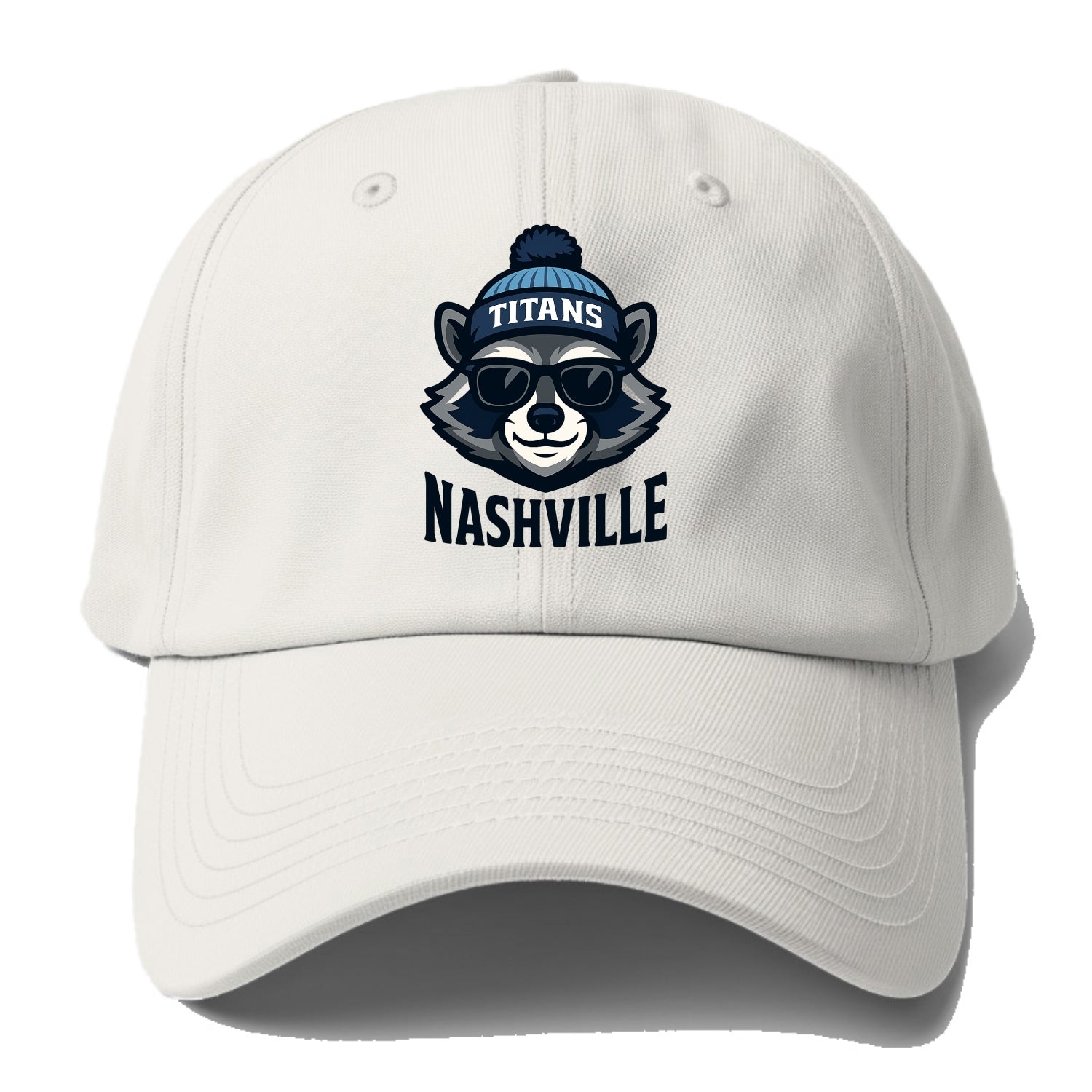 Nashville Raccoon wearing Titans navy and light blue beanie with pom pom and - Baseball Cap - Off White