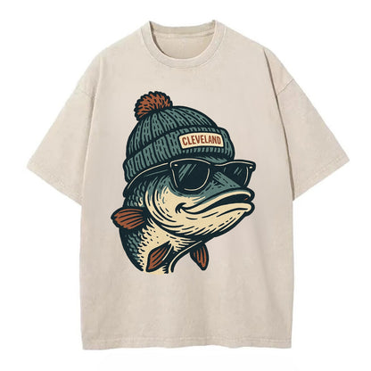 Cleveland Lake Erie Walleye wearing Cleveland beanie with pom pom and wayfarer - Vintage T-shirt - Off White