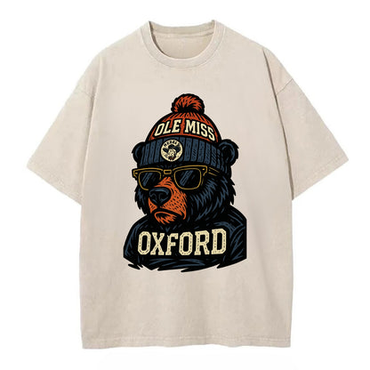 Oxford Black Bear wearing Ole Miss beanie with rebel patch - Vintage T-shirt - Off White