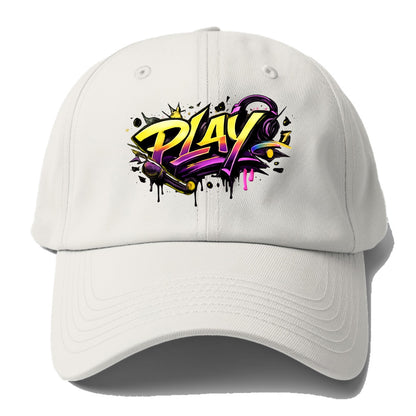 Bold typography design - "PLAY" - creative expression, musical performance - Baseball Cap - Off White