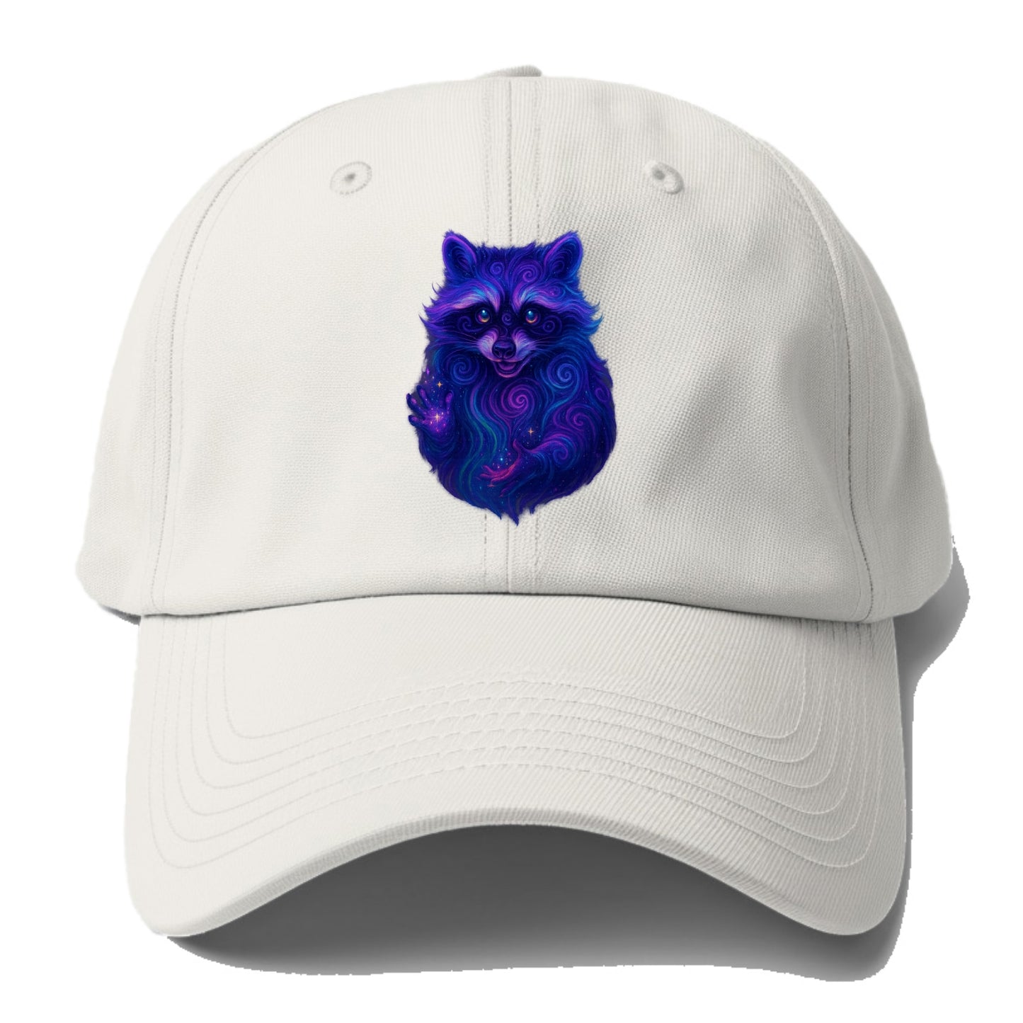 Playful raccoon with mask swirling in hypnotic patterns, neon purple - Baseball Cap For Big Heads - Off White